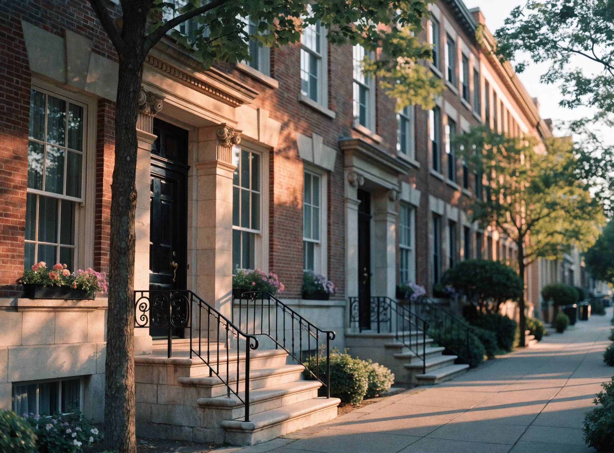 A row of restored brick and limestone townhouses with black doors and flowering window boxes in late-afternoon sun