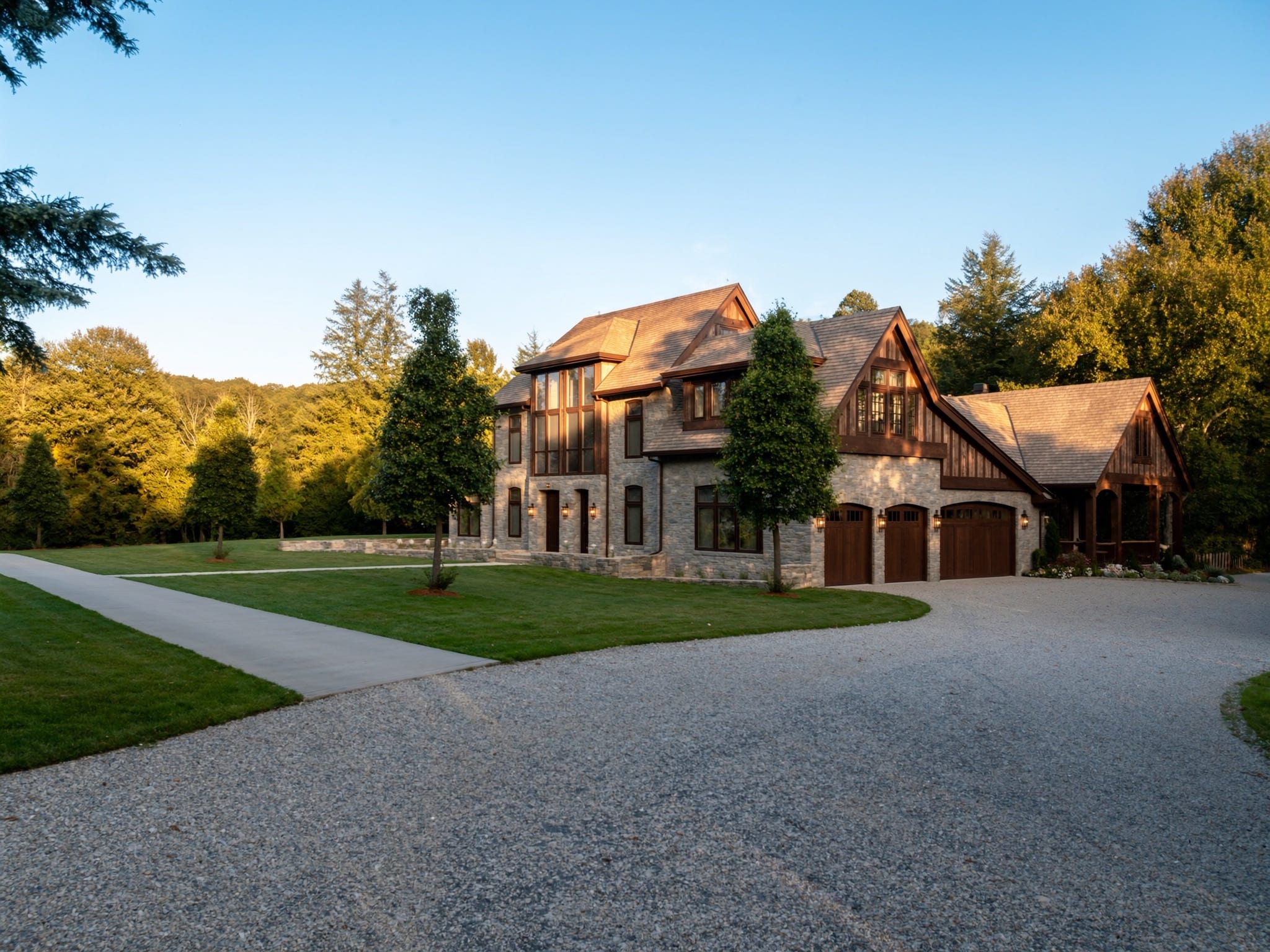 A large stone and cedar American home on a generous lot with mature specimen trees at golden hour