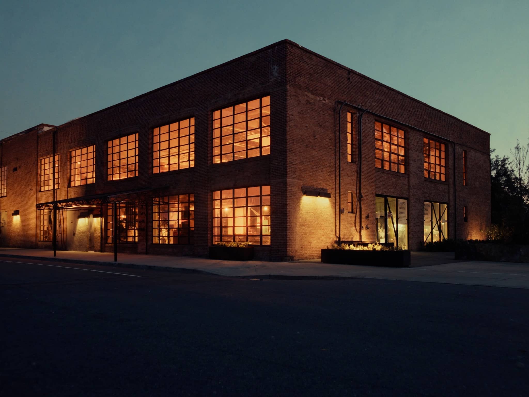 A converted brick warehouse loft building with oversized industrial windows glowing in evening light