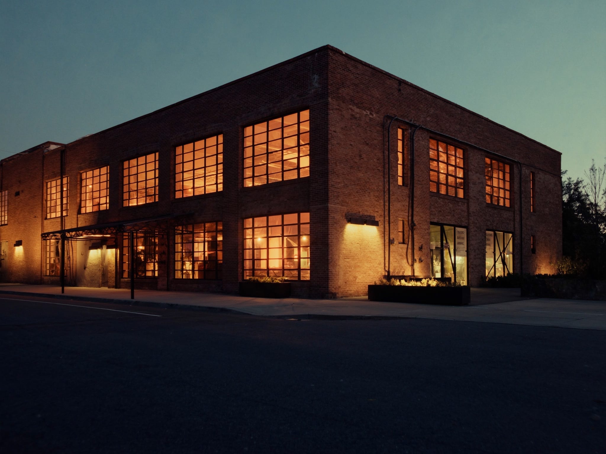 A converted brick warehouse loft building with oversized industrial windows glowing in evening light
