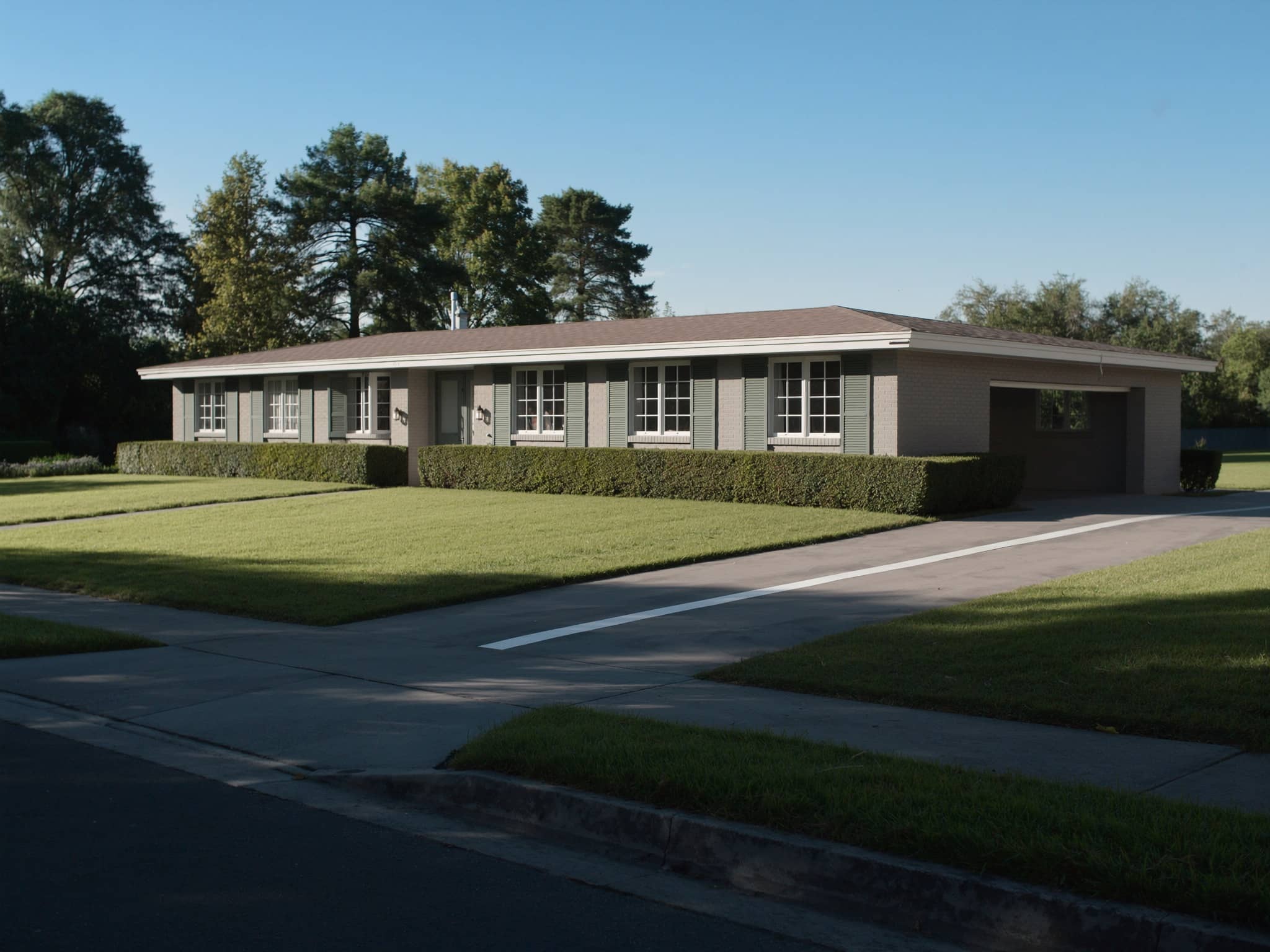 A crisp single-storey American ranch house with a freshly cut lawn on a clear bright morning